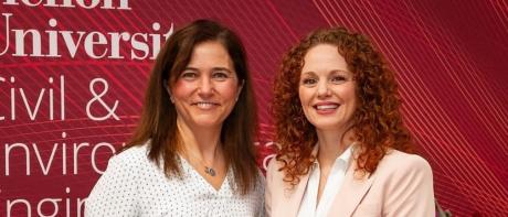 Natalie Pekney is pictured with Burcu Akinci (left), head of the Department of Civil & Environmental Engineering at CMU. 