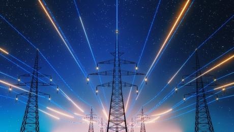 Three animated transmission cable towers