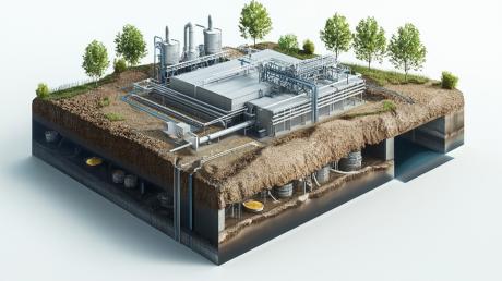 Rendering of CO2 underground storage facility with pipelines and storage tanks.