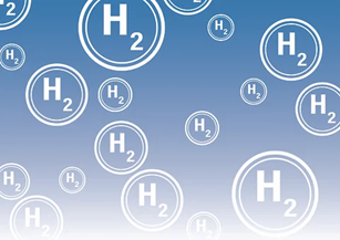 The H2 chemical compound inside of white lined bubbles on a blue gradient background.