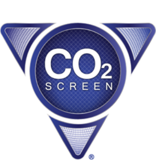A blue circle with the words "CO2 Screen" written in the middle and three blue triangles placed evenly around he circle.
