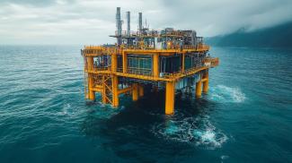An ocean platform operates a carbon capture and storage project, surrounded by water and coastal terrain